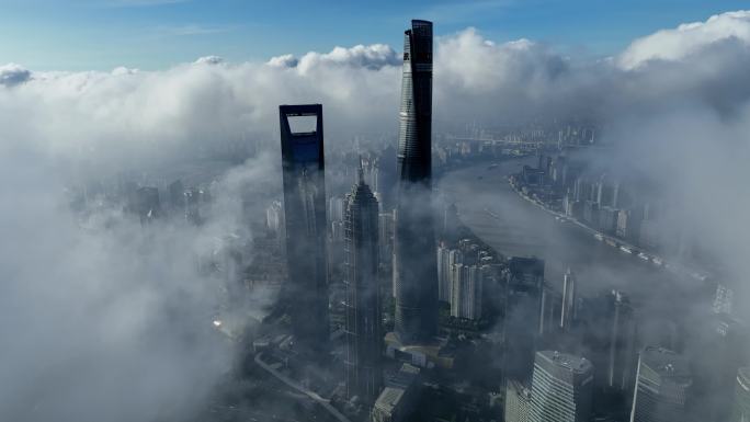 上海陆家嘴平流雾景侧光质感4K航拍可商用