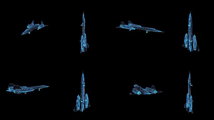 4K蓝色全息线框投影侦察机素材旋转带通道