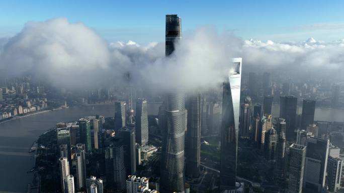 上海陆家嘴平流雾景顺光质感4K航拍可商用