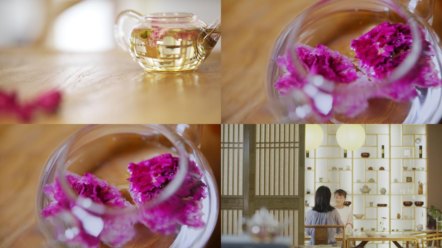 美女茶室饮用玫瑰花茶