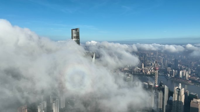 上海陆家嘴平流雾景顺光质感4K航拍可商用