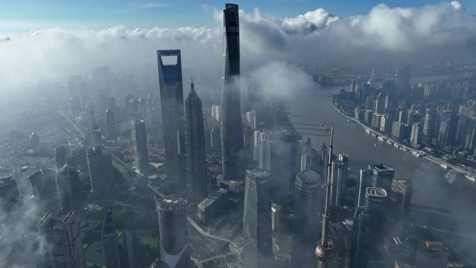上海陆家嘴平流雾景侧光质感4K航拍可商用