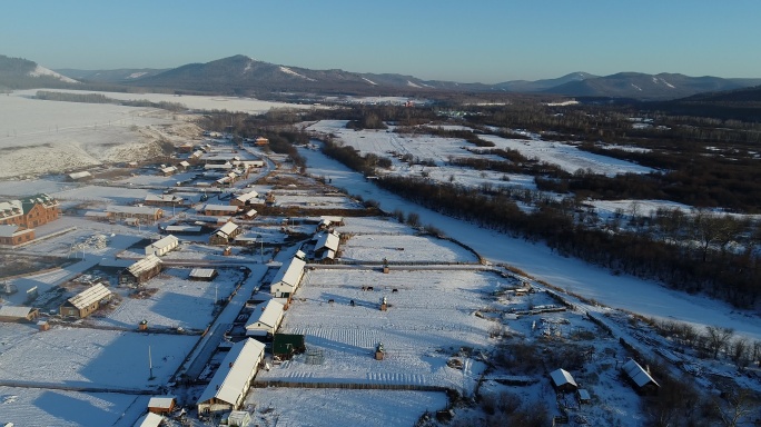 航拍内蒙古边塞村庄雪景