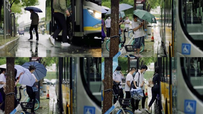 【4K】雨中行人乘客上下公交车