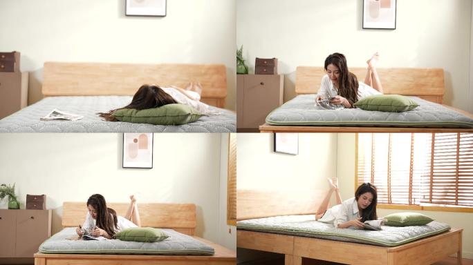 【4K】家居生活美女躺在床上翻阅杂志书本