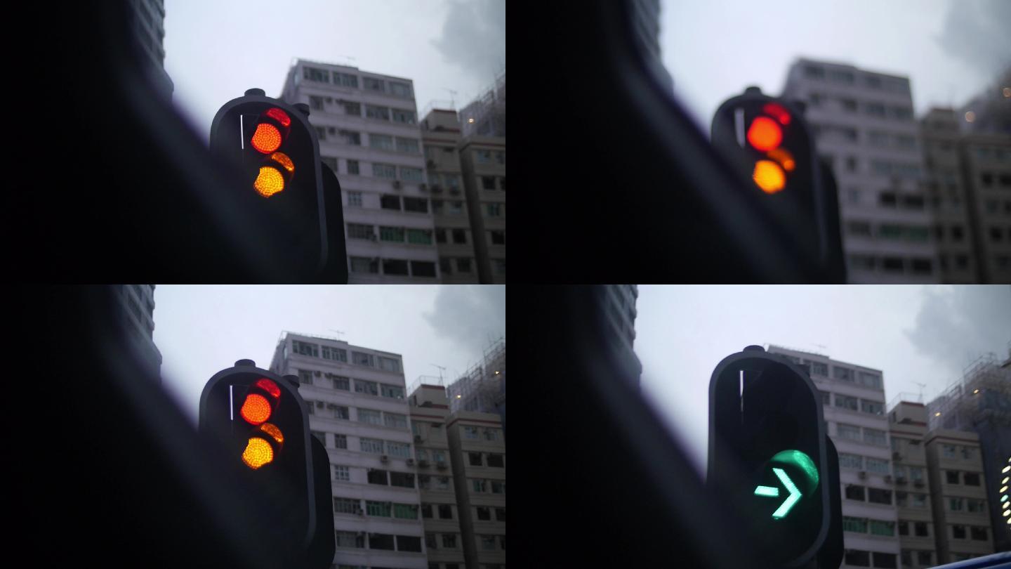 香港 行驶车内拍摄 窗外红绿灯