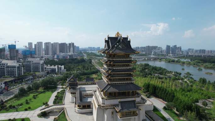 临沂城市宣传片书圣阁环绕书法广场航拍祊河