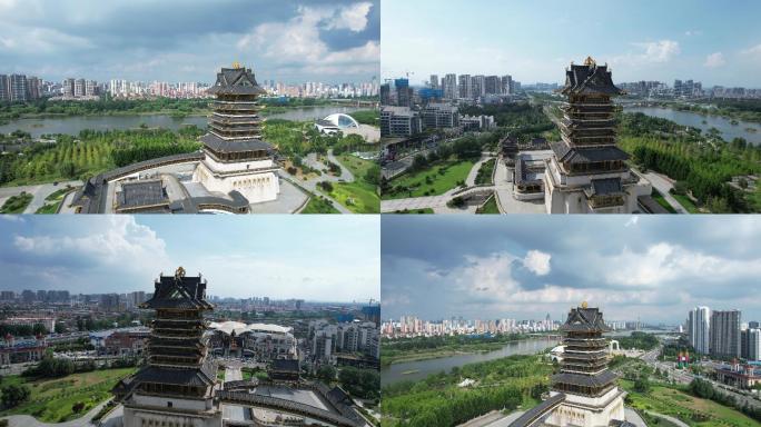 临沂城市宣传片书圣阁环绕书法广场航拍祊河
