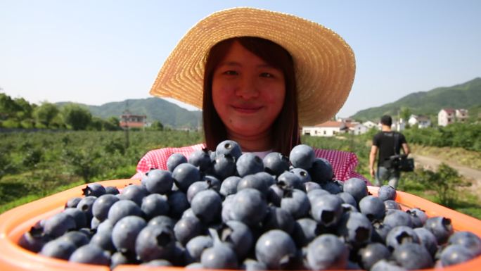 丰收农民手捧一篮蓝莓喜悦笑脸幸福实拍