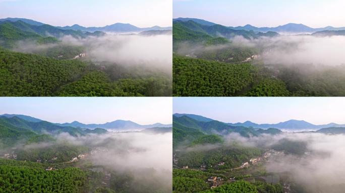 清晨大雾中的湖州安吉山区乡村航拍