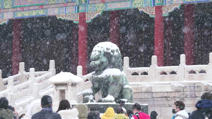 雪中故宫的铜狮子