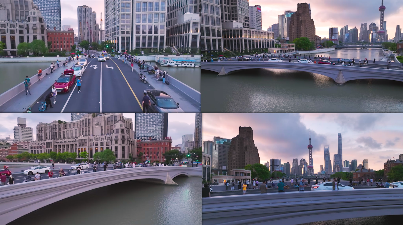 【4K60帧】上海乍浦路桥日出时人群航拍