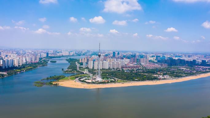 航拍延时视频临沂市沂河三河口夏季风景