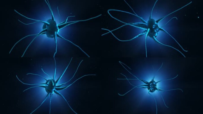抽象蓝色背景上发光的神经元细胞。脑健康和脑疾病概念。
