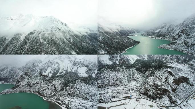 4K环伺西藏八宿雪雾中的然乌湖航拍