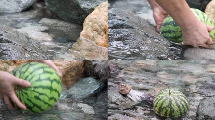 夏天清澈冰凉的溪水冻西瓜4k创意实拍合集