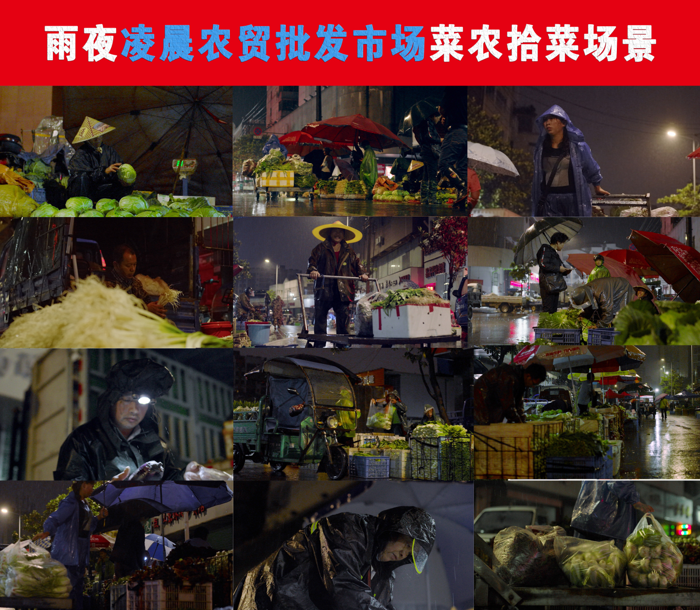 雨夜凌晨农贸批发市场菜农拾菜工作场景