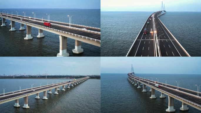 【4K】跨海大桥上行驶的货运车辆