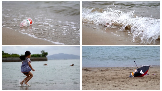 儿童海边玩耍  海水冲刷沙滩 海滩 浪花