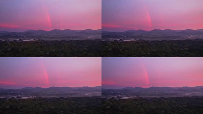 航拍 晚霞 雨后彩虹 群山 美丽山村