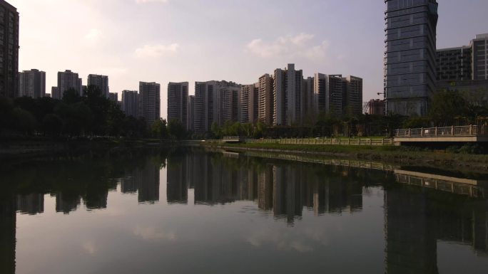 成都温江区城市风景日落大气原创航拍