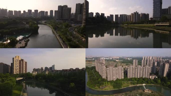 成都温江区城市风景日落大气原创航拍