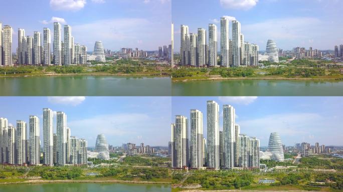 中国广西南宁五象新区高楼建筑群和江边风光