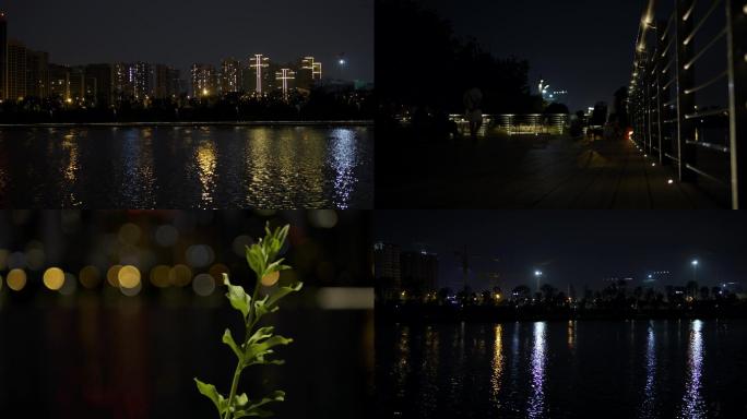 4K成都怡兴湖公园湖面夜晚夜间跑步散步
