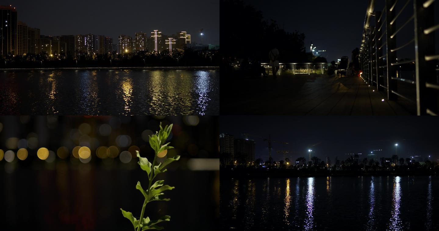4K成都怡兴湖公园湖面夜晚夜间跑步散步