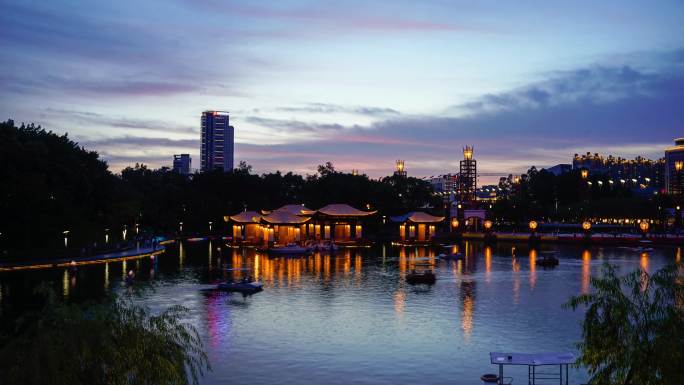 佛山千灯湖划船晚霞城市夜景延时