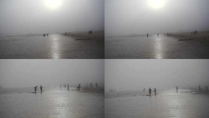 阴天游客海边赶海阴雨天雾天大海沙滩挖海鲜