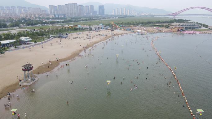 宁波北仑区梅山湾沙滩公园滨海沙滩4K航拍