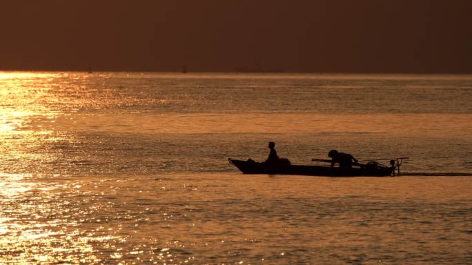日出 朝霞 邮轮 渔船 剪影 海上日出