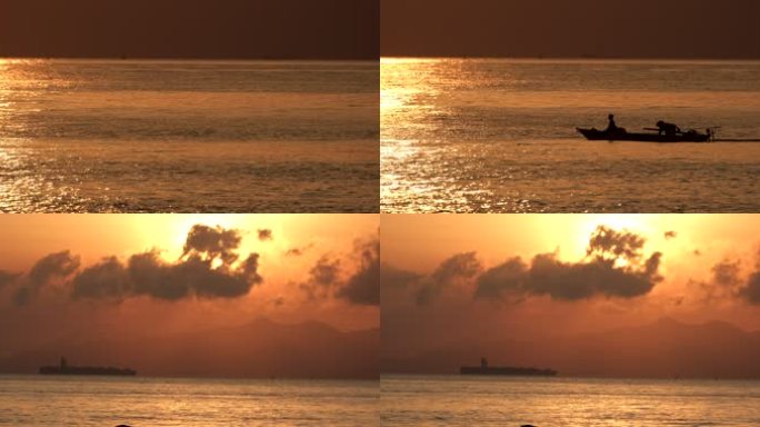日出 朝霞 邮轮 渔船 剪影 海上日出