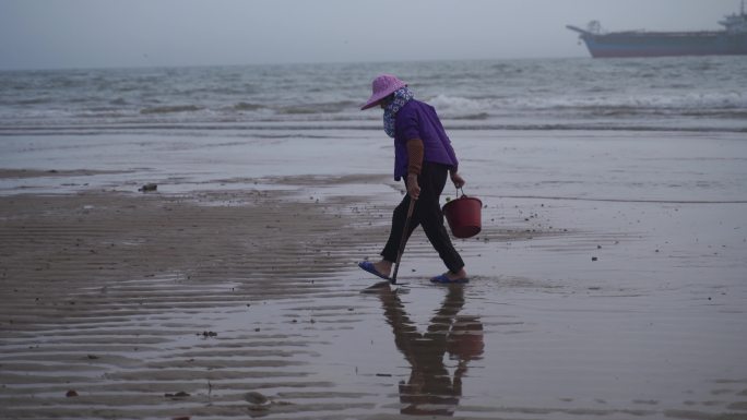惠安女赶海挖海鲜渔民沙滩海边退潮捕鱼生活