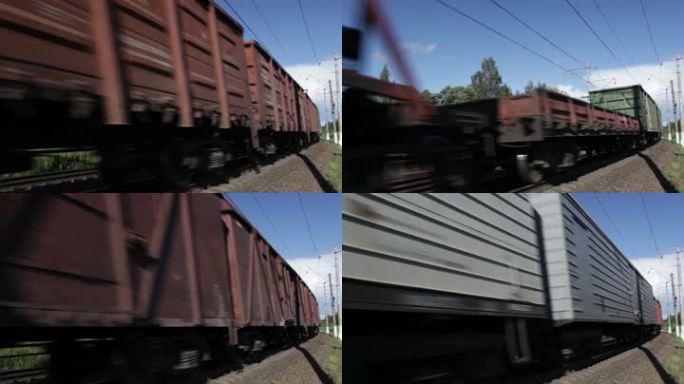 货运列车在一个晴朗的日子经过。带偏光镜的中间镜头。
