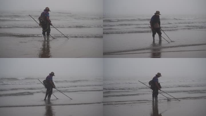 渔民赶海挖海鲜捕虾大海边沙滩退潮捕鱼生活