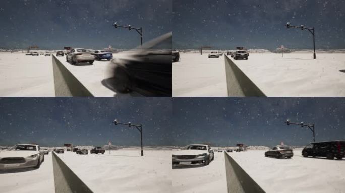 大雪市郊公路车水马龙呼啸而过氛围背景视频