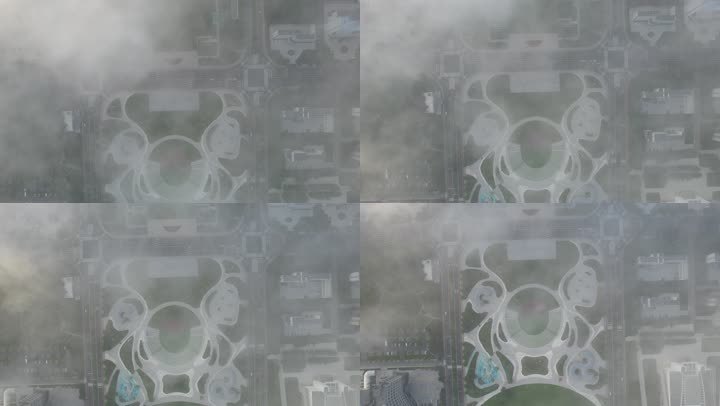 航拍俯瞰云雾之下的荣成市人民广场