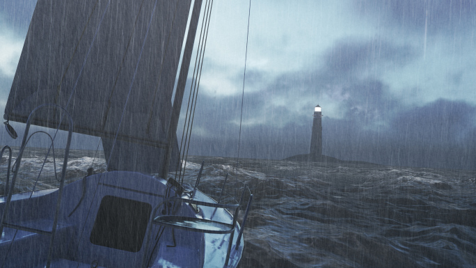 乘风破浪帆船大海狂风暴雨灯塔指引方向闪电