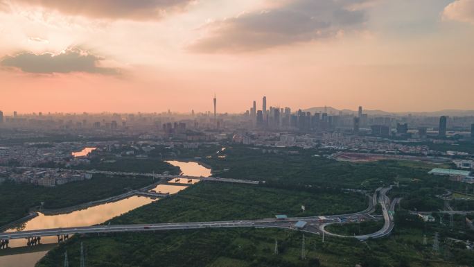 广州瀛洲生态公园城市天际线延时摄影航拍