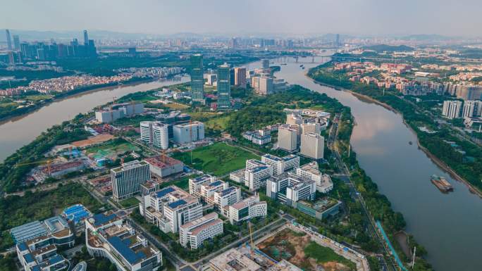 广州国际生物岛城市天际线延时摄影航拍