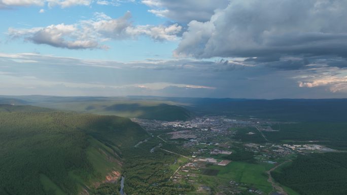 航拍大兴安岭山村云景延时