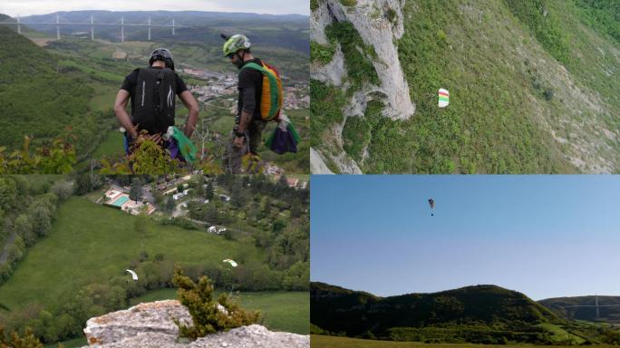 法国米约高架桥附近山野丘陵跳伞运动者跳伞