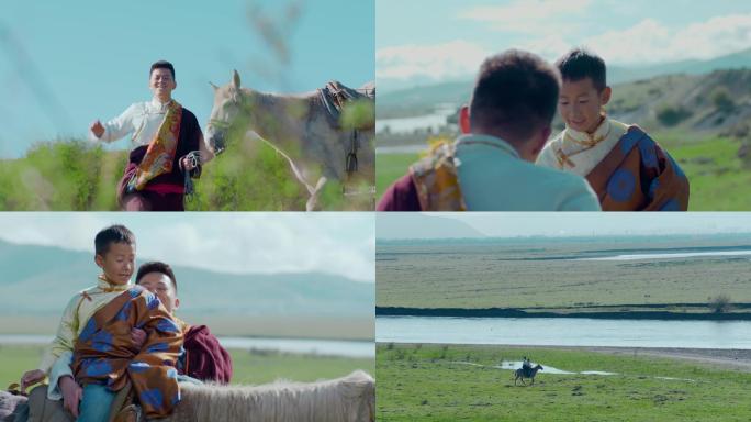 草原上藏族父子骑马 少数民族父子情