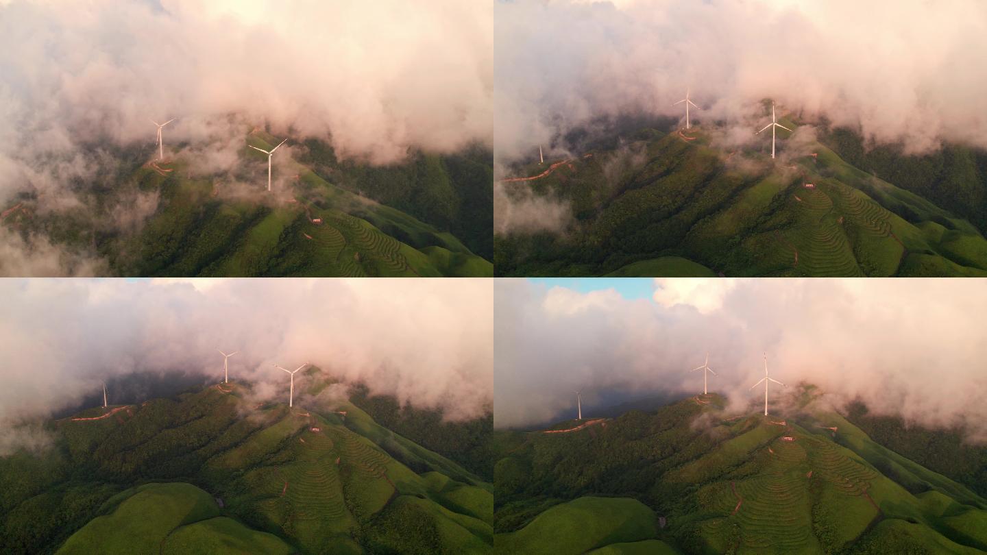新能源之美-夕阳云海下的风力发电机