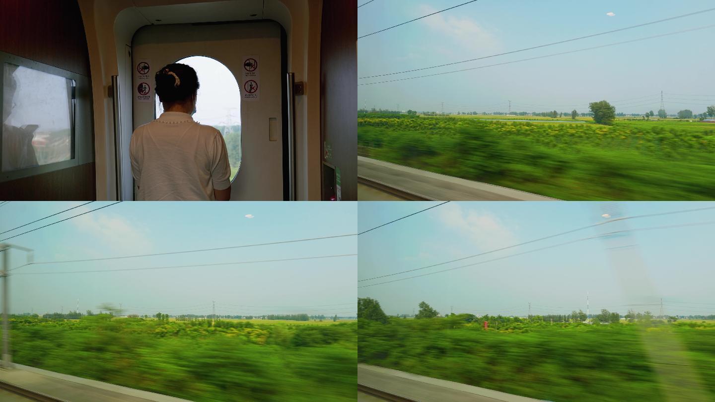 高铁上女孩拍照旅途窗外的风景