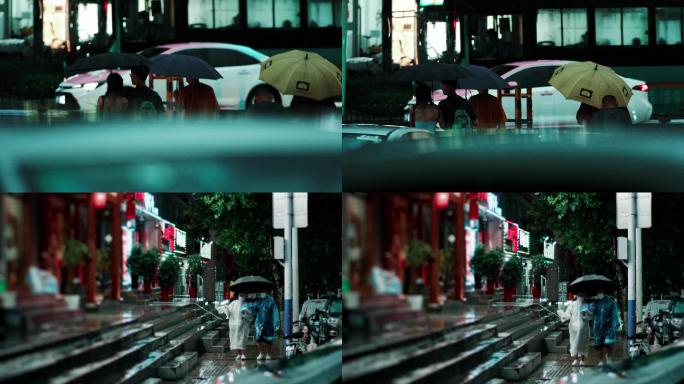 【原创4K】下雨街道上打伞的行人