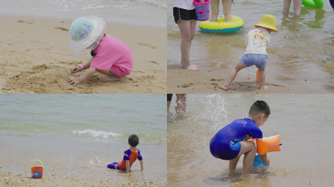 小孩海边玩沙子小朋友儿童沙滩玩沙子玩耍