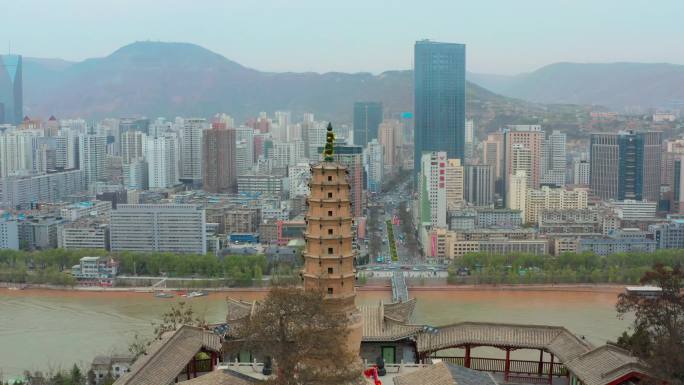 航拍兰州白塔山白塔寺